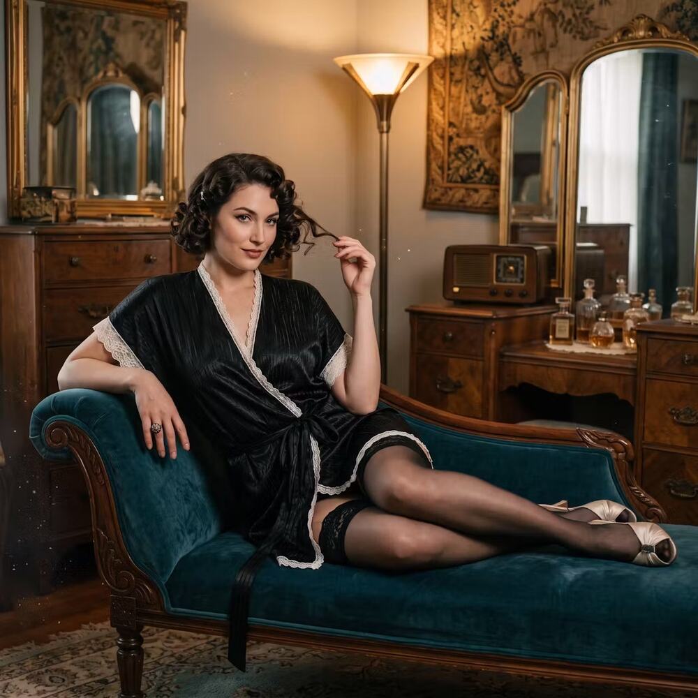 Night Image Vintage 80s Black Pinstripe Jacquard Kimono Silky Mini Robe OSFM